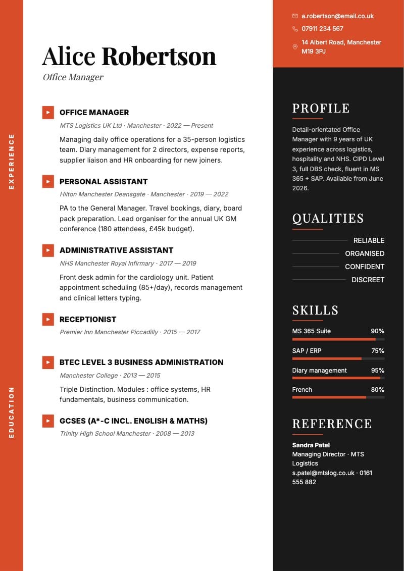 Crimson CV template — UK ATS-optimised design